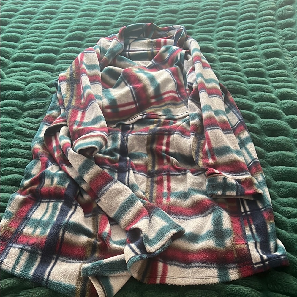 Cuddl Duds Plaid Women's Long Wrap Sweater With Thumb Holes- Red, Blue, G Cream
